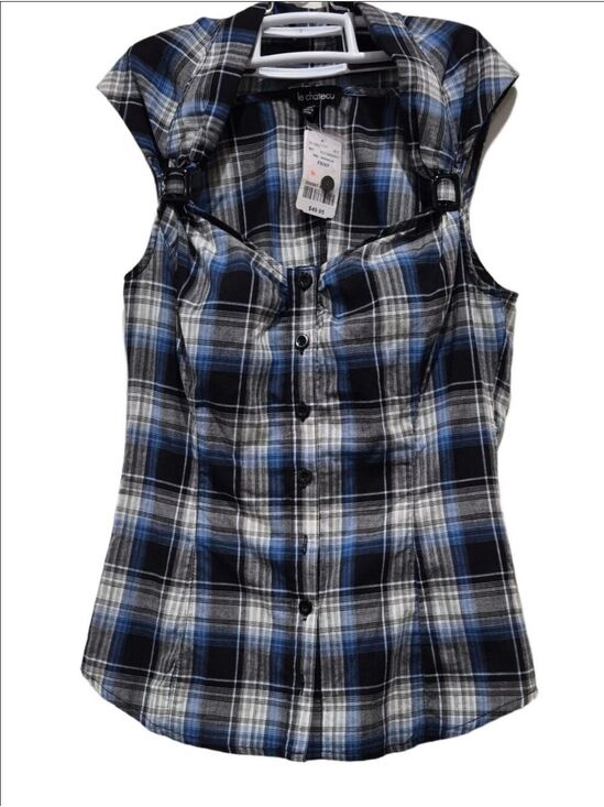 le chateau Tops - Le Château Blue, White & Gray Plaid Sweetheart Neck Top – NWT